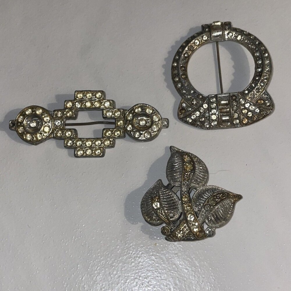 3‎ Antique Art Deco Geometric Brooch Pin C Clasp Scarf Clip Rhinestone READ A260
